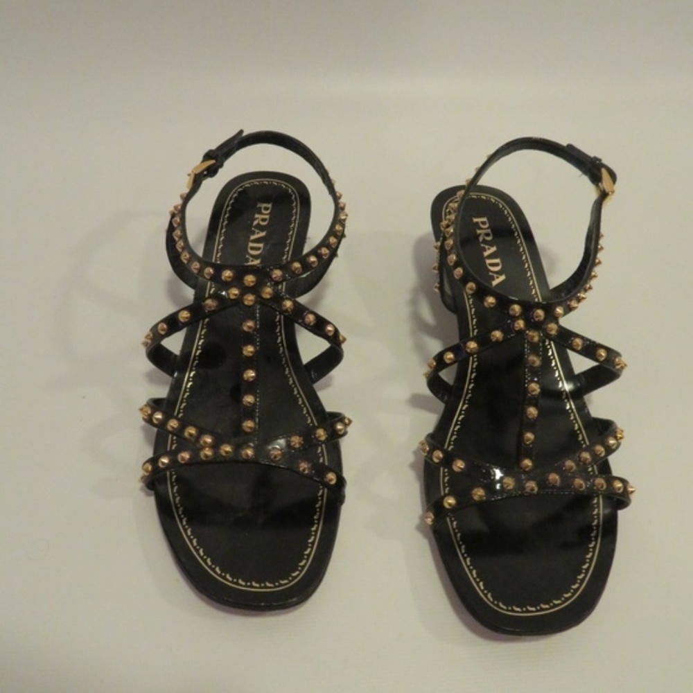 PRADA BLACK LEATHER GOLD STUDS STRAPPY SANDALS 8.5